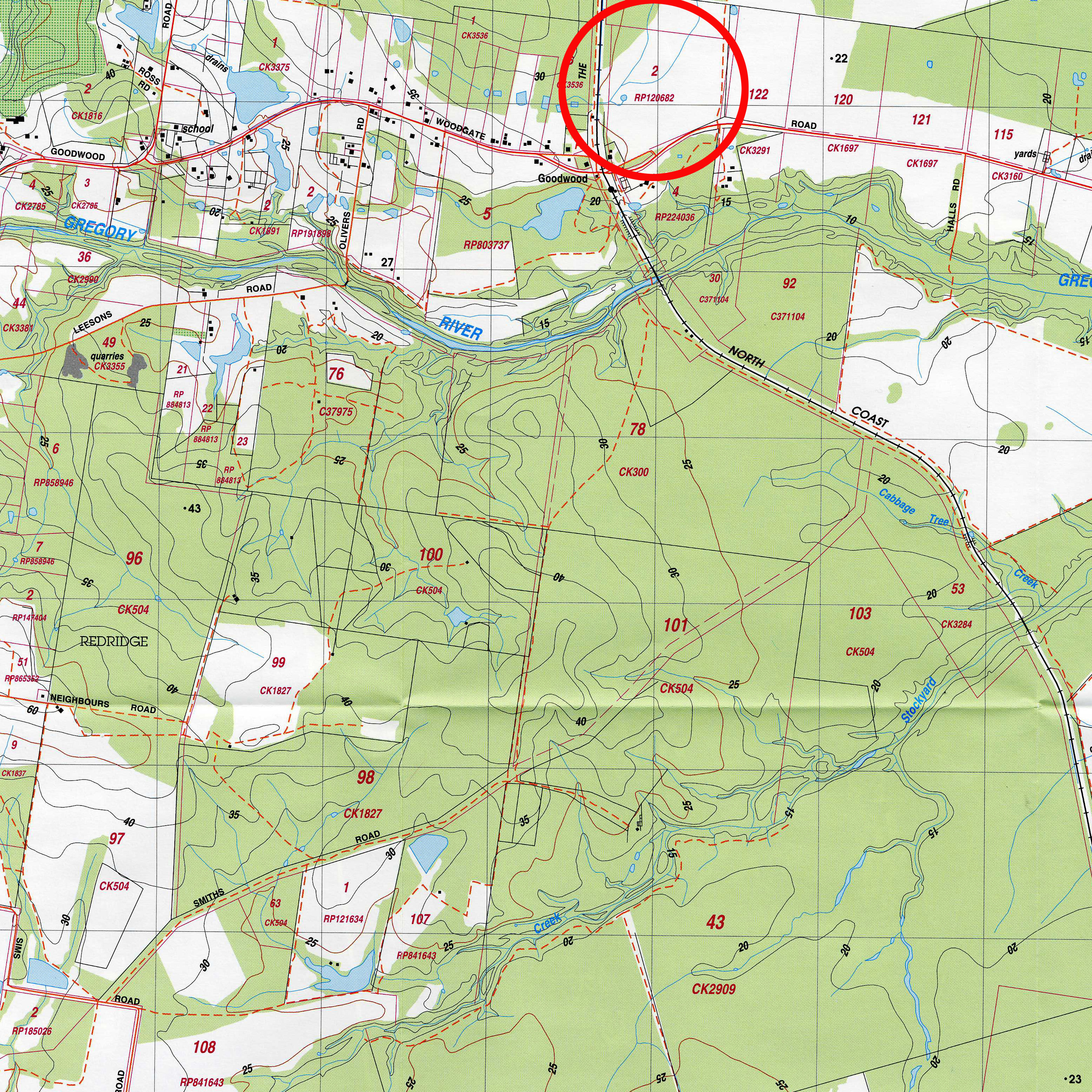 cadastral map overlaid onto a topographic map